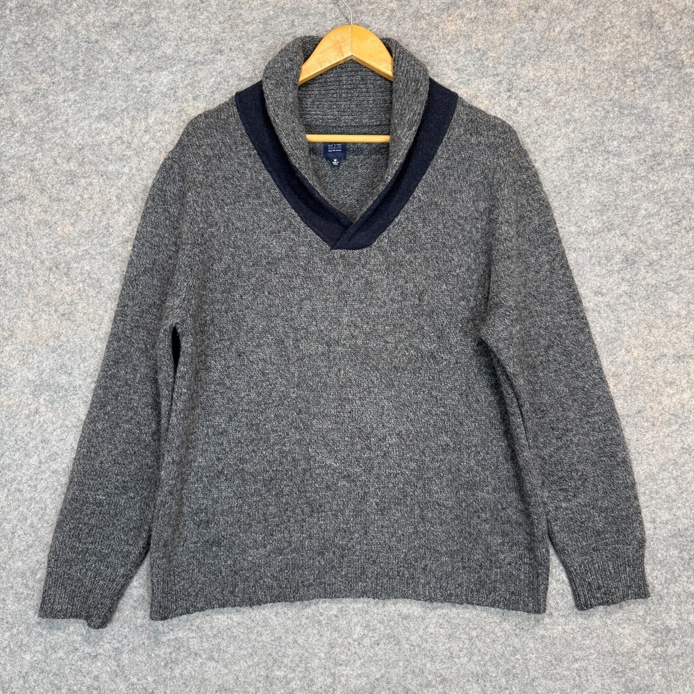 Blue by Saks Fifth Avenue Wool Blend Shawl Sweater Mens Medium Chunky Knit Gray
